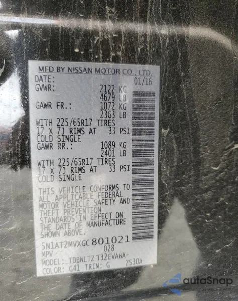 2016 Nissan Rogue S z USA, uszkodzony, nr VIN 5N1AT2MVXGC801021